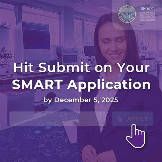 Today is the final day to apply for the #SMARTScholarship! This is your opportunity to have your STEM education fully funded and a civilian Defense career after graduation. The application closes at 5 p.m. EST. https://www.smartscholarship.org/smart/en #STEMEducation #FutureOfSTEM | SMART Scholarship