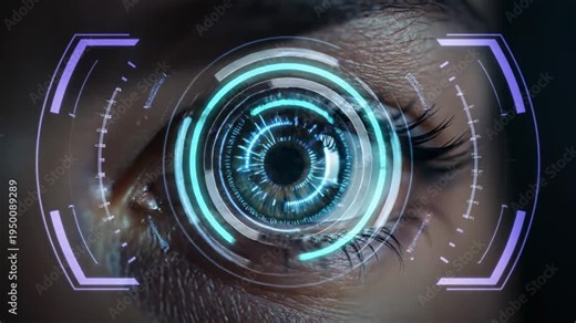 Video of biometric eye scan interface with animated circular HUD elements, secure access system visualization, modern surveillance technology backdrop for fintech and IT media.