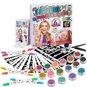 Tattoo Kit for Kids Ages 8-12, FunKidz 6 Double Tips Sparkle Brush Body Art Markers for Skin Plus Temporary Glitter Tattoo Kits With 106 Cute Tattoo Stencils Tattoo Glues Cool Presents for Tween Girls