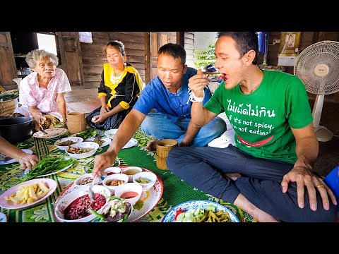 Thai Farm Food!! 3 HUGE VILLAGE MEALS - Unseen Thai + Lao Food on the Mekong River!!