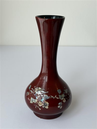 Vintage Burgundy Vase | Abalone Floral Inlay, Glam Decor - Etsy
