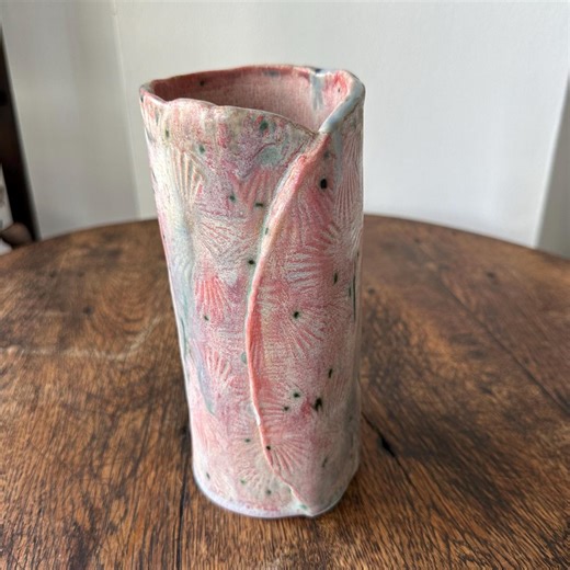 Handmade Abstract Ceramic Studio Pottery Vase Pink Cylinder 8 Inch Signed - Etsy