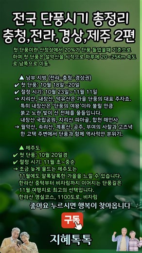 전국 단풍 시기 총정리 충청 전라 경상 제주도 2편 #지혜톡톡 #가을여행 #단풍시기 #여행정보 #2025단풍
