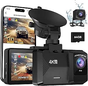 Orskey Dash Cam Front and Rear Built-in 5GHz WiFi, 4K+1080P Dual Dash Camera for Cars with 64GB SD Card, 2.0" Display Dashcam, 24H Parking Mode, App Control, Super Night Vision, Support Max 256GB