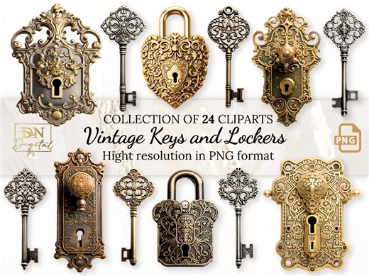 Vintage Keys and Lockers Collection With Free Commercial License • Antique Keys Clip Art for Elegant Designs - Etsy