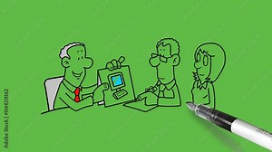 draw young gentleman sit on chair hold rectangle shape cardboard print computer picture on it show to other young man and woman sit on chair near-by hold pen write on notebook with black outline on ab