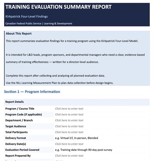 Training Evaluation Report Template | Kirkpatrick Four Levels | L&D Template | Canadian Federal Public Service | Word Document - Etsy
