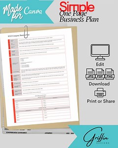 One Page Business Plan (Simple) Template - For Small Business - Easily Edit with Canva!