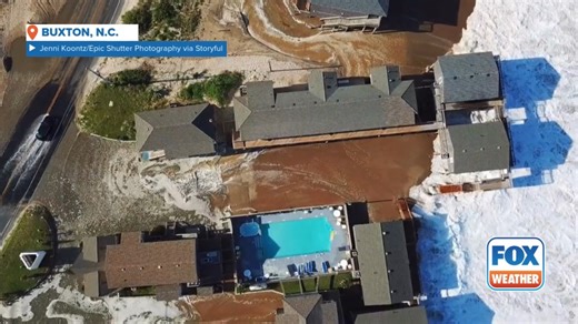 969K views · 6.9K reactions |  MONSTER WAVES: This incredible drone video recorded in Buxton, North Carolina, shows monster waves and storm surge flooding surrounding homes on the beach as Hurricane Erin looms in the waters off the U.S. East Coast. More: https://www.foxweather.com/weather-news/hurricane-erin-tropical-storm-warning-us-east-coast | FOX Weather | Facebook