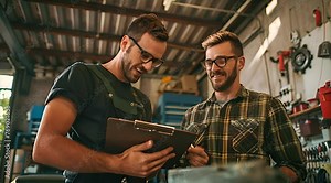 two mechanics are looking at a tablet