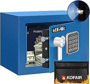 Safe Box for Home Safe (0.23 Cubic Feet) with Fireproof Bag, Personal Money Safe for Cash Saving, Mini Safey with Key, Digital Safety Box with Light, Money Lock safey (Blue)