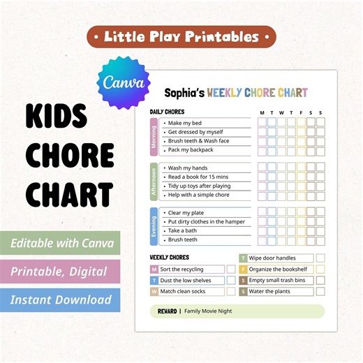 Editable Kids Weekly Chore Chart Printable for Daily Routine and Responsibility - Etsy