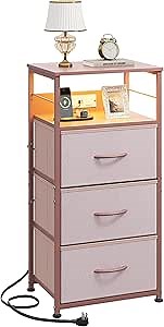 WLIVE Nightstand with Charging Station, 31.9" H Nightstand with 3 Fabric Drawers, LED Bedside Table with USB Ports and Outlets, End Table for Dorm, Bedroom, Entryway, Pink