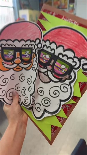 Art Teacher Kim on Instagram: "Second grade are creating these cute chilled out, Santas! Lots of shape discussion in this little drawing!! #artclass #santa #christmasart #chillin #holidays"