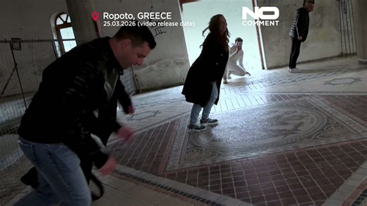 Tourists test balance inside tilted church in Greece’s Ropoto