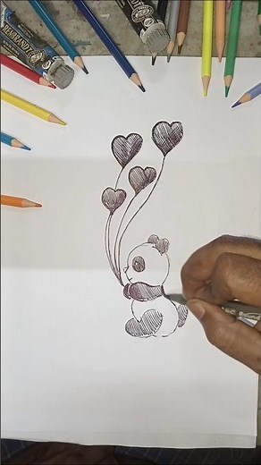how to Draw a Cute Panda with Heart Balloons | Easy Step-by-Step Pen Drawing