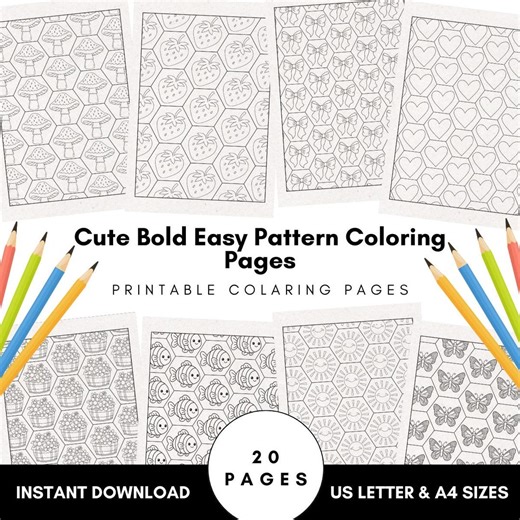 Cute Bold Easy Pattern Coloring Pages, 20 Printable PDF Sheets, A4 & US Letter, Relaxing Pattern Coloring Book Digital Download - Etsy