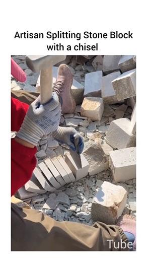Engineering Tube on Instagram: "An Expansion Artisan Splitting Stone Block with a chisel involves carefully using a chisel to split a large stone block into smaller pieces for easier handling or further craftsmanship. The process typically begins with selecting a suitable chisel and marking the desired splitting points on the stone, often along natural lines or fractures. The artisan then taps the chisel with a hammer to create controlled fractures, gradually working along the marked lines. Pati
