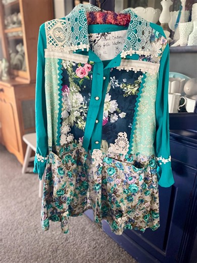 Altered Couture Upcycled Teal and Floral Cotton Jacket Size XL With Lace Embellishments, Vintage Fabrics. - Etsy