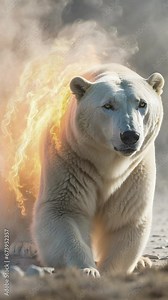 A polar bear on fire struggling to survive in flames. A powerful symbol of climate change and wildlife devastation.