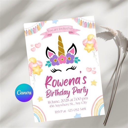 Unicorn Birthday Invitation, Pastel Rainbow Fairytale Party Template , Printable Invite , Whimsical Fairytale Party, Instant Download - Etsy