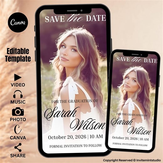 Digital Blue Graduation Invitation, Animated Canva Template With Photo, Class of 2025 Editable MP4 Evite, Music-enhanced Save the Date - Etsy