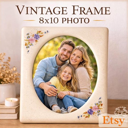 Vintage Ceramic Picture Frame 8x10 Floral Crackle Cream Cottage Farmhouse Decor