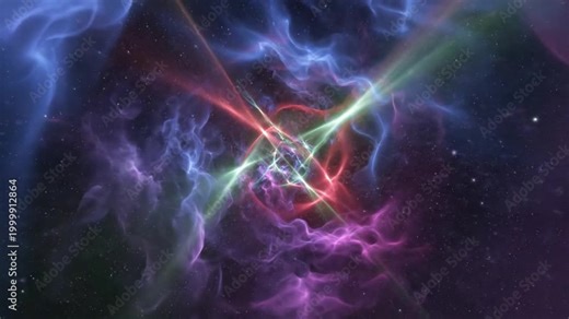 Dynamic cosmic energy waves swirling in vibrant nebula with glowing laser beams 4k video