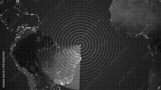 Global Radar Scanner Sweeping Over South America Map at Night Digital Radar Interface with Concentric Circles Over Earth Satellite View Data Localization and Tracking Motion Graphic.4k video.
