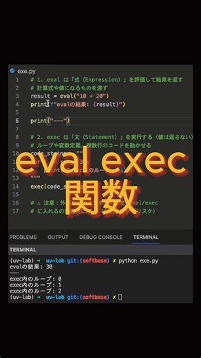 【Python】悪魔の関数！？eval と exec の違いと危険性を1分でマスター 👿#Python初心者 #eval #exec #プログラミング解説 #エンジニア学習 #セキュリティ