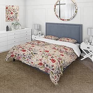 'Vintage Red Pink Flower and Leaves' Rustic Duvet Cover Set