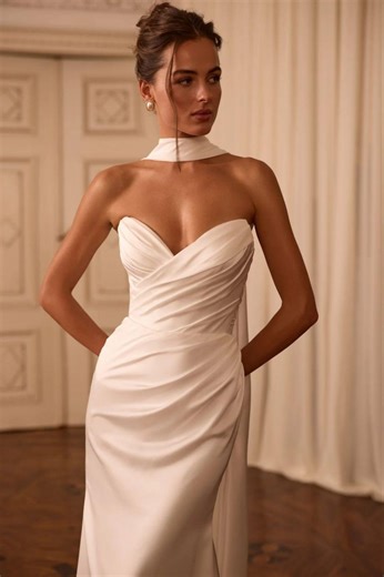 Draped Mermaid Fitted Dress, Elegant Sleek Classy Bridal Gown, Timeless Chic Modern Satin Bridal Gown With Scarf Detail and Long Train - Etsy