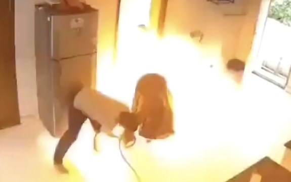 Indoor Gas Cylinder Explodes, Sending Man Into A Wall!