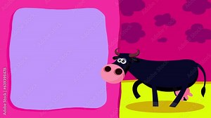 Cartoon character cow black walking loop animation for titles. Cute intro frame included, seamless loop farm village animal.
