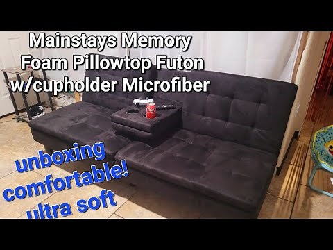 Mainstays Memory Foam Pillowtop Futon w/cupholder Microfiber Sofa Bed Unboxing and Setup