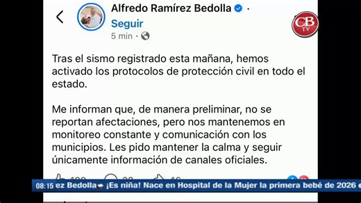 Última Hora. "Se registra sismo en San Marcos Guerrero, en punto de las 07:58 am | CB Televisión