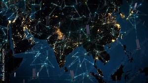 Satellite Transmission Animation. Global Public Internet, Wireless Connection. GPS Scan And Explore The Earth's Surface. Internet Of Things, Satellite Signals, Telecommunications. Asia