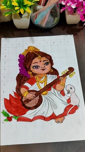 Maa Saraswati Drawing Outline, How To Draw Saraswati Mata With Grid Method, Basant Panchami Drawing,