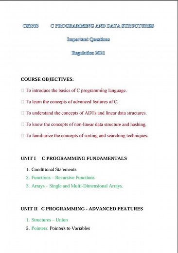 CS3353 C Programming and Data Structures Important Questions #r21 #exam #annauniversity