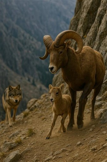 Fierce Mother Bighorn Sheep vs Gray Wolf: Battle for the Young