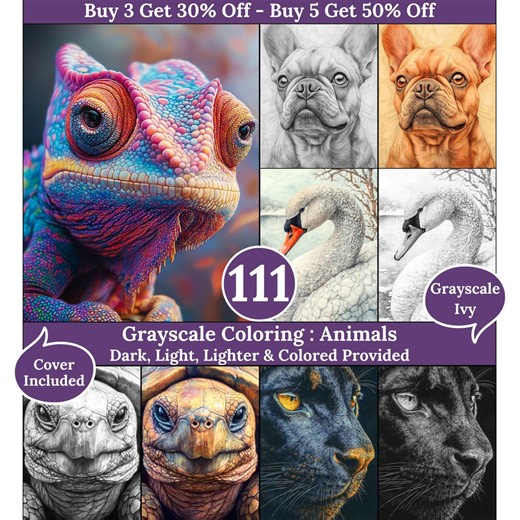 Animals, 111 Grayscale Coloring Pages, Gorgeous Animal Portraits Collection, Dark Light Lighter and Colored Versions, Printable PDF - Etsy UK