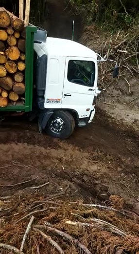 Heavy-Duty Truck Navigating Muddy Terrain with Logs