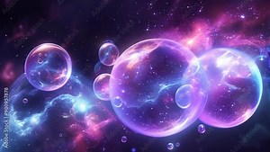A mesmerizing array of colorful bubbles floats in space, surrounded by a vibrant nebula backdrop. The bubbles reflect a spectrum of colors, creating an ethereal and dreamlike scene. Stock Video
