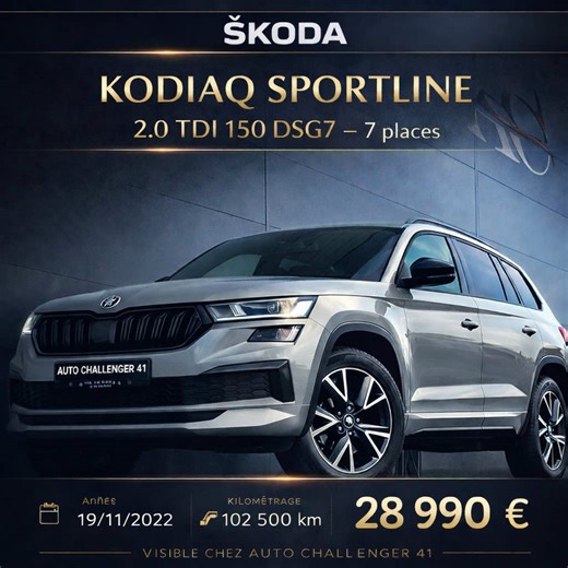 🔥 ŠKODA KODIAQ SPORTLINE – 7 PLACES 🔥 SUV familial par excellence, ce Kodiaq Sportline allie espace, confort et sportivité. Son 2.0 TDI 150 ch avec boîte DSG7 offre une conduite fluide et agréable, parfaite pour le quotidien comme pour les longs trajets. Grâce à ses 7 vraies places, son attelage et son grand coffre modulable, il s’adapte à toutes les situations : famille, loisirs et vacances 🚙✨ La finition Sportline apporte un look dynamique et une présentation soignée. 📍 Visible chez AUTO C