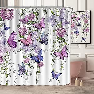 chiinvent Purple Butterfly Shower Curtains for Bathroom, Spring Butterflies Rustic Floral Shower Curtain with 12 Hooks, Machine Washable Waterproof Fabric, 72X72 Inches