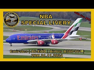Emirates ''NBA SPECIAL LIVERY'' Airbus A380 ''A6-EOD'' at Zürich-Kloten (with live ATC)