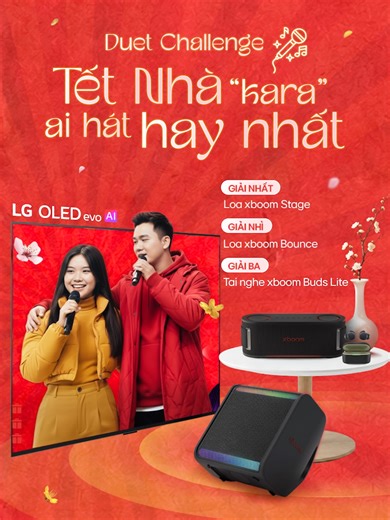 DUET CHALLENGE: LG x Bùi Công Nam | TẾT NHẤT CÓ AI? 🎤 Tết này, ai là người hát “karaoke” vuýp nhất đây. Cùng tham gia “khoe giọng” cùng Bùi Công Nam và LG để rinh về những phần thưởng cực đã: ✨ Giải Nhất: 01 LG xboom Stage 301 ✨ Giải Nhì: 01 LG xboom Bounce ✨ Giải Ba: 01 LG xboom Buds Lite 📌 Cách tham gia: 1️⃣ Bấm duet với video “Tết Nhất có AI?” của Bùi Công Nam trên Tiktok 2️⃣ Hát, ngân nga hoặc thể hiện theo phong cách của riêng bạn 3️⃣ Đăng video kèm hashtag: #BuiCongNam #TetNhatcoAIChalle