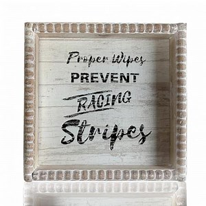 Boho Farmhouse Wooden Framed Bathroom Decor Signs, Funny Restroom Decorative Plaque Small Cute, Toilet Rules Shelf Decoration (Proper Wipes Prevent Racing Stripes)