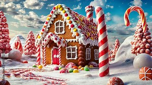 Candy-themed gingerbread house with colorful decorations, including candy canes, gumdrops, and a magical fantasy setting for a fun holiday atmosphere. Gingerbread house, New Year, Christmas