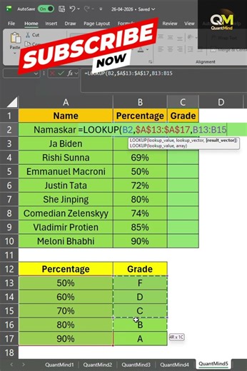 MIS Interview Excel LOOKUP Interview Question | Grade Formula #excel #shorts